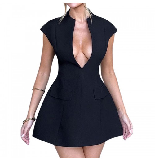 Women's Elegant A-Line Mini Dress V-Neck Short Sleeves Breathable Summer Fashion Party Sexy Solid Dress