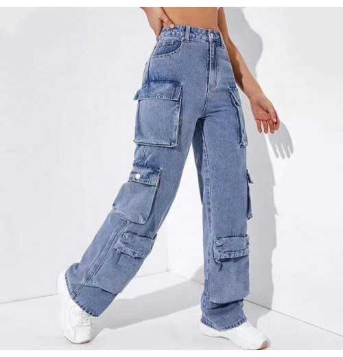 Casual High Waist Classic Pocket Trousers Wide Leg Pant Denim Women Jeans Baggy Boyfriend Jeans Cargo Pants Jeans Women