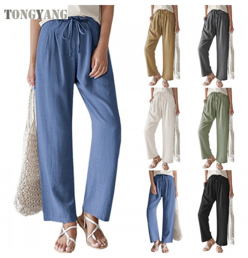 TONGYANG New Women's Wide Leg Palazzo Pants Cotton Linen Drawstring Cropped Pants Trousers Large Loose Cotton Hemp Casual Pants